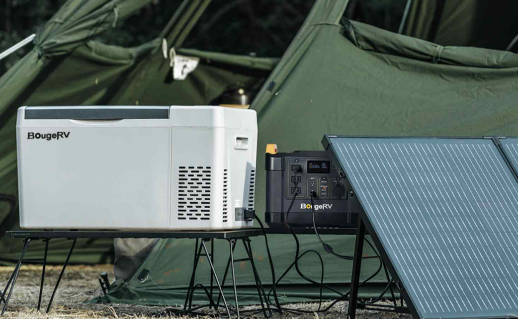 Collection of BougeRV fridges and solar panels