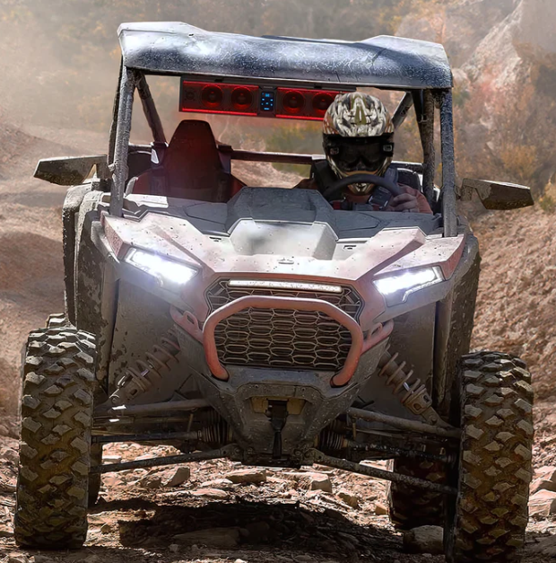 Kemimoto Soundbar mounted on UTV with RGB lights glowing