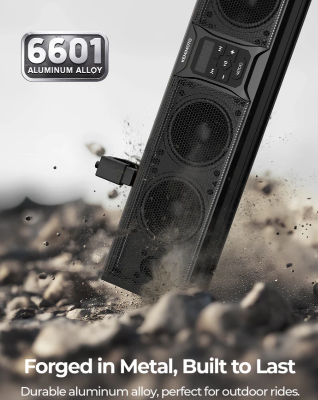 Kemimoto Soundbar close-up showing RGB lights and metal build