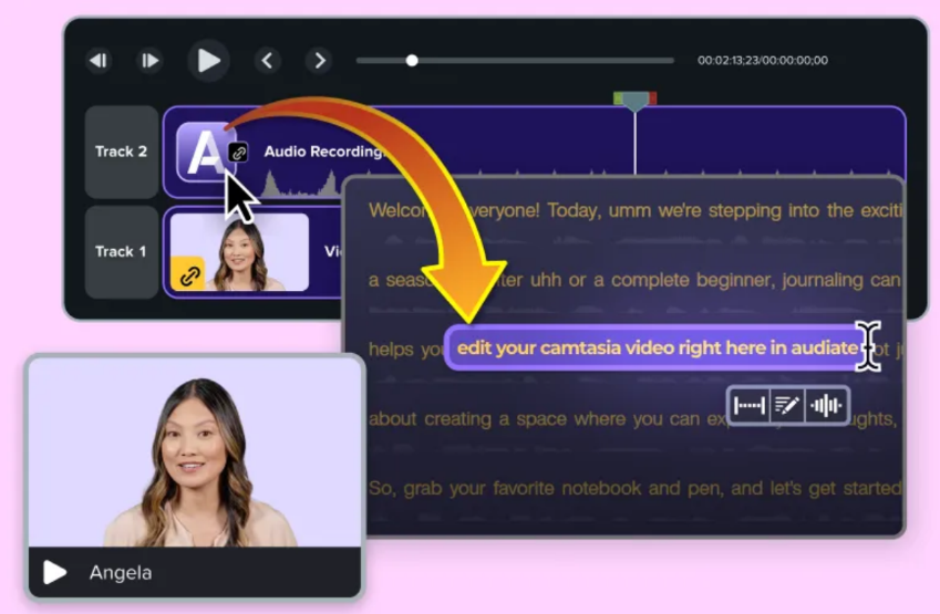 Camtasia timeline showing multi-track editing and AI tools